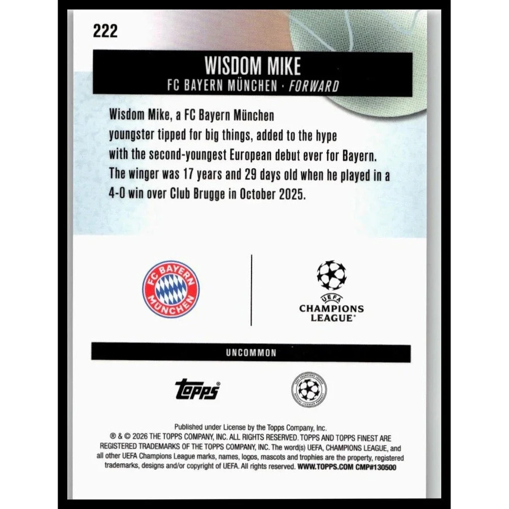 2025-26 Finest UEFA Wisdom Mike #222 FC Bayern Munchen Uncommon Rookie